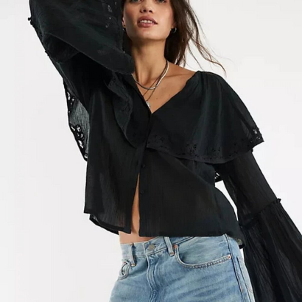 Free People Riley Battenburg Blouse V Neck Buttondown  Bell Sleeve Top XS